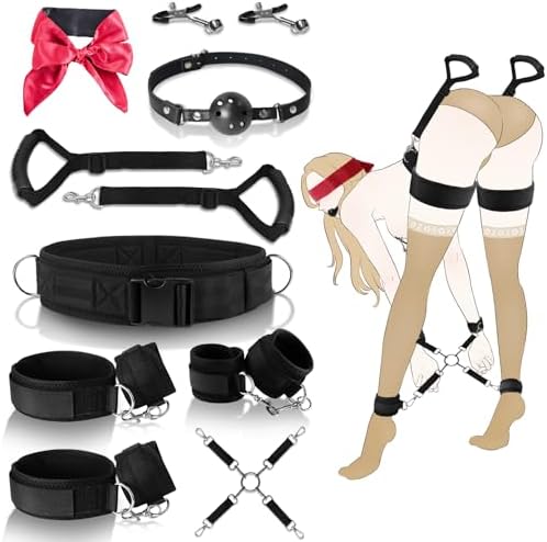 Sex Toys Adults Bondage 3 in 1 Innovative Waist Belt 9 Pcs Sex BDSM Toys for Women Couples Reatraints with Handle Pull Straps Cross-Buckle Strap Blindfold Nipple Ball Gag Clips Hand/Ankle/Thigh Cuffs