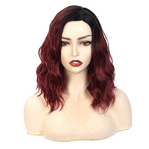Wine Red Ombre Wig Fashion Style Synthetic Hear Resistant Hair Shoulder Length Side Part Natural Wave Wigs 14inches
