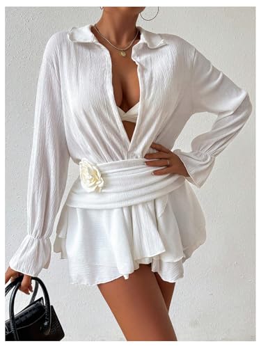 OYOANGLE Women's 3D Flower Layered Ruffle Cover Up Dress Collared Deep V Neck Long Sleeve Swim Coverup4