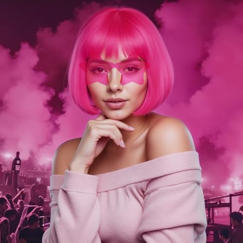 Image of ANOGOL Hot Pink Bob Wig with Bangs Pink Wigs for Women Colored Wigs Party | Hair Cap+Sunglasses Short Neon Wig for Bachelorette Party Funny Outfit for Women Halloween Costume Night Club Crazy Hair Day
