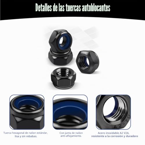 Miniatura 3 de Qancen 20 Piezas Tuercas Hexagonales M5 De Acero Inoxidable Din985,Negro Tuercas De Seguridad Autoblocantes Con Insertos De Nylon Para Tornillos Y Pernos Métricos
