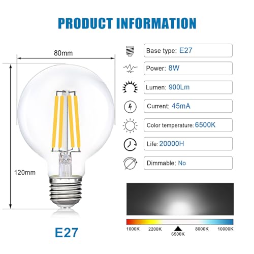 EXTRASTAR 8W G80 Vintage Edison E27 LED Light Bulb, 66W Equivalent, 900LM, 6500K Cool White Daylight Energy Saving Decorative Bulbs, Retro Antique Filament Lamp, Non-Dimmable, Pack of 2 - Image 4
