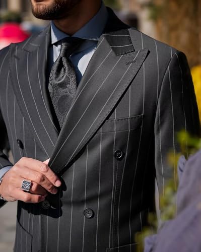 Pinstripe Suits for Men Double Breasted Tuxedo Regular Fit 2 Piece Blazer Pants Peak Lapel Suit Set for Wedding Prom3