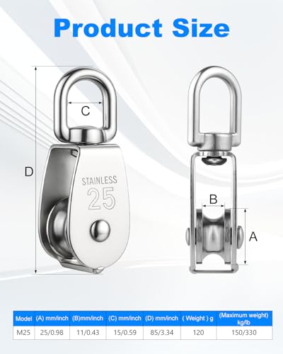 Image of Rocaris 6 Pack M25 Lifting Single Pulley Roller Loading 330Ibs | 304 Stainless Steel Heavy Duty Single Wheel Swivel Lifting Rope Pulley Block