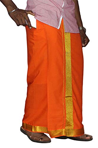 Image of PRAKASAM COTTON Velcro Pocket Dhoti for men, 2 inch Jari Border Mundu, Readymade Dhoti for men, South Indian Veshti