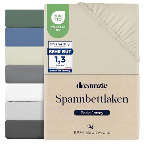 Dreamzie Spannbettlaken 80x160cm 100% Baumwolle Jersey dehnbar Spannbetttuch Bettlaken Steghöhe 15 cm für Matratzen bis 12 cm Oeko-Tex Zertifiziert Hypoallergen Beige
