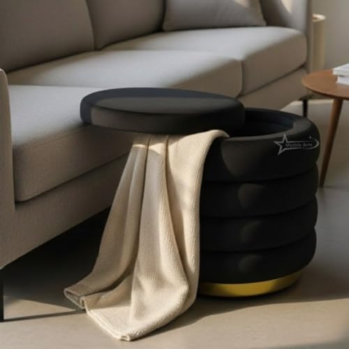 Image of Round Velvet Single-Strip Office Stool Foot Rest Stool, Linen Fabric Padded Seat Pouf Ottoman, 15 X 15 X 19 inch, Round Shape for Living Room, Office, etc. Black
