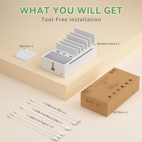Multi Charger Station Organizer Rack, Bamboo Cable Management Box, Power Strips and Cord Hider, Nightstand Device Organizer (Include 5 Cables)(No Power Charging Supply) -White