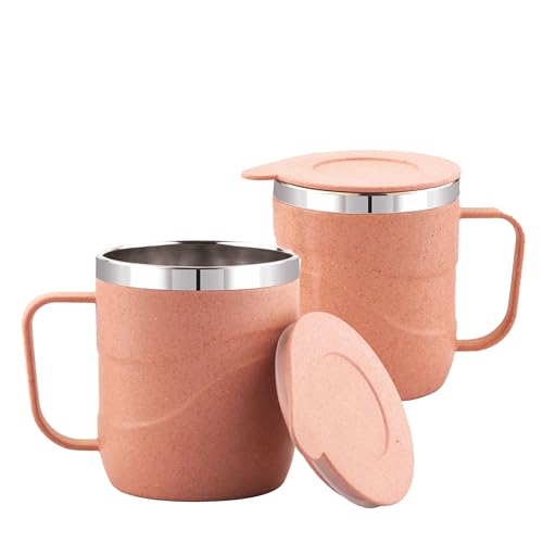 Image of ATTRO Brew Mug-Set of 2 - 300ml Stainless Steel Inner with eco Friendly Outer Body Durable Stylish, Microwave Safe Coffee & Tea Mug with Handle & Lid, Perfect for Home, Office, Travel-Pastel Peach