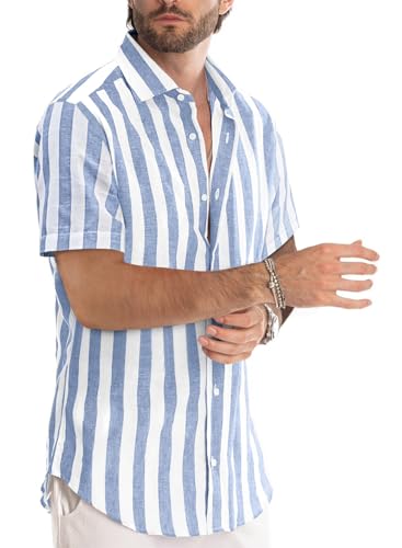 JMIERR Men's Casual Stylish Short Sleeve Button-Up Striped Dress Shirt Cotton Beach Shirts