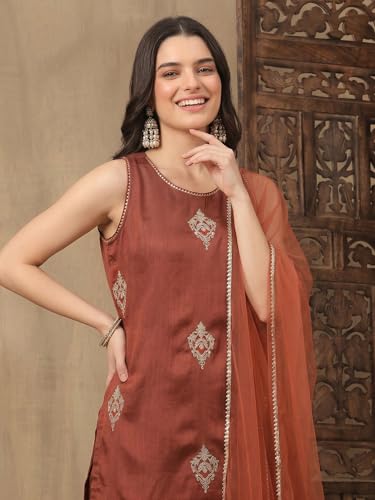 Image of Women's Floral Embroidered Silk Blend Kurta & Pant Set And Net Dupatta Ethnic Wear Salwar Suit Set (ES 2599)