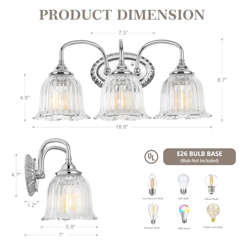 Image of Chrome 3-Light Bathroom Light Fixtures with Floral Glass Shade