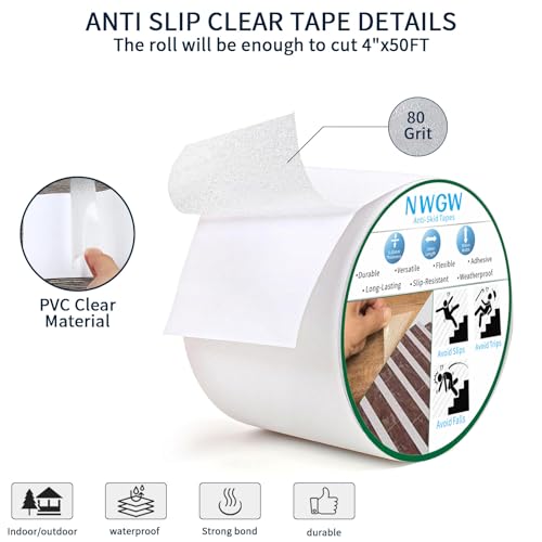 Image of Clear Anti Slip Tape for Stairs & Bathtubs, 4 inch x50FT Non-Skid Transparent Grip Tape - Soft PVC Safety Traction for Bare Feet, Pool Decks, Boats, Shower Floors