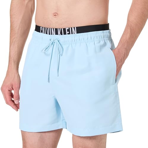 Calvin Klein Herren Badeshorts Medium Double mit Logobund, Blau (Skim Blue), S