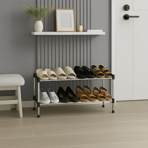 JD FRESH 2 Tier Stainless Steel Shoes Rack for Home/Shoe Stand/Rust-Proof & Sturdy Shoe Organizer for Entryway/Footwear Organizer/Books/Newspaper/Plants (Black & Silver)