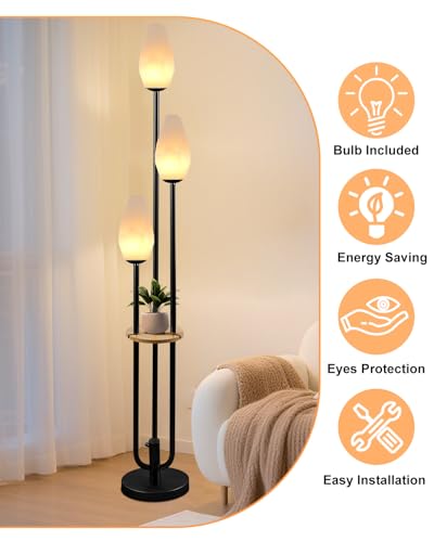 Image of Black Floor Lamp with Tray, 3-Lights Dimmable Floor Lamps with Rock-Shaped Shade, Unique Candle Holder Style Modern Tall Standing Lamp for Living Room /Party(Bulbs Included)