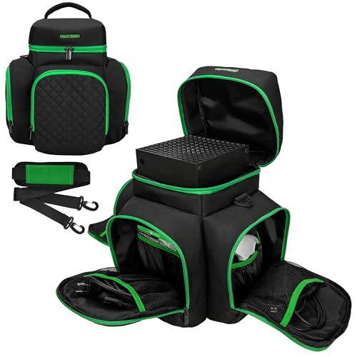 Image of CROTIRAD Carrying Case Compatible with Xbox Series X, Travel Bag with Multiple Storage Pockets for Xbox Controllers, Headset, Game Discs, Cables and Other Accessories, Green Zip