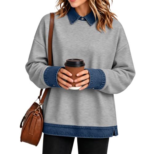 Women Polo Shirt Button Denim Patchwork Lapel Collar Long Sleeve Tops - image 2