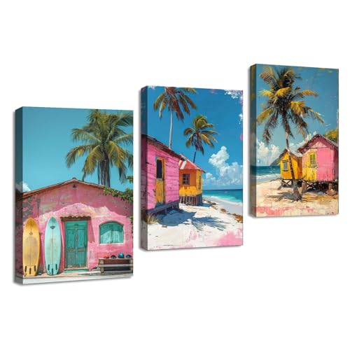 Papier peint cabines de plage de qualité supérieure triptyque encadré 50x70cm