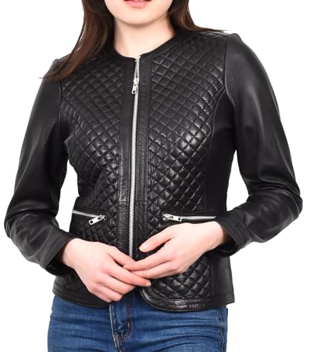 Divergent Retail Womens Classic Quilted Leather Jacket Collarless Round Neck Coat Quiltara (UK, Numeric, 16, Regular, Regular, Black)
