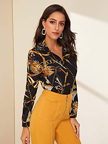 Sweatyrocks Women's Sexy V Neck Chain Print Long Sleeve Button Down Shirt Blouse Black Xl #TOP4