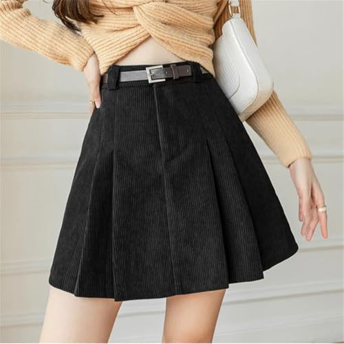 Women's Corduroy High Waist Pleated Mini Skirt Retro Slim A-Line Winter Skirt with Adjustable Belt3