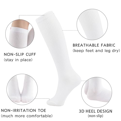 Image of +MD Cotton Compression Socks for Women & Men 4 /6 Pairs 15-20mmHg Knee High for Sports, Travel, Nursing Long Sitting Standing