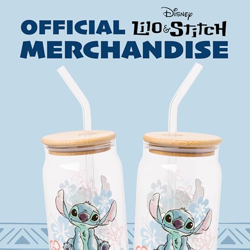 Image of Silver Buffalo Disney Lilo and Stitch Ohana Floral Glass Jar Tumbler with Bamboo Lid and Glass Straw, 16 Ounces