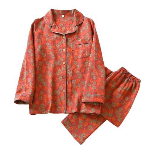 Image of Vintage Leaf Cotton Lapel Loungewear Set, Ginkgo Leaf Button Colorful Floral Pure Pajama, Women's Fashion Sleepwear