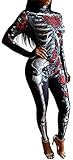 UQJE Women's Skeleton Rose Bodycon Jumpsuit Printed Skinny Adult One Piece Outfit Catsuit-L