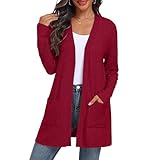 QIXING Sweater Cardigans for Women Open Front Lightweight Cardigan Long Sleeve Cardigans with Pockets A Red