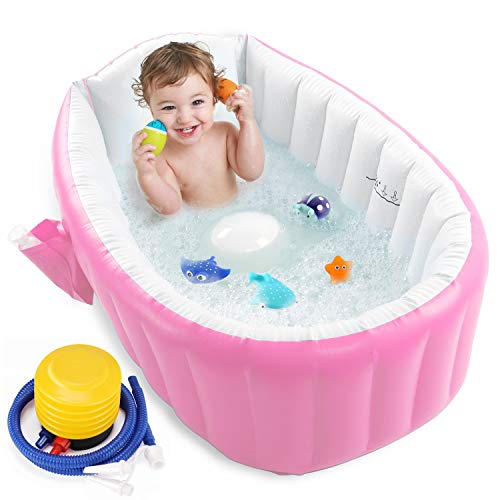 Inflatable Baby Bathtub With Air Pump, Portable Toddler Bathtub Baby Bath Tub Non Slip Travel Bathtub Mini Air Swimming Pool Kids Thick Foldable Shower Basin, Pink #TOP25