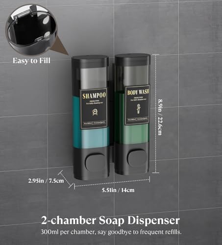 Image of Luxspire Shampoo and Conditioner Dispenser, Shower Soap Dispenser 2-Chamber | Lockable Large Capacity 600ml No-Drill Wall-Mounted Shampoo and Body Wash Dispenser for Bathroom Hotel Kitchen Airbnb
