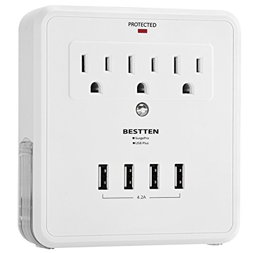 BESTTEN USB Outlet Surge Protector, 4 USB (Max 4.2A) Charging Ports and 3