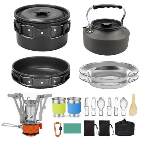 Comparison: Best Camping Cook Set Non Stick 9 Camping Cookware Camping Cooking Set, Non-Stick Camp Pots Pans with Stove Kettle, 2 Stainless Steel Plates, 2 Water Cups, 2 Sets of Knives & Forks, Spatula, Dish Towel, Carry Bag, for Outdoor Cookset