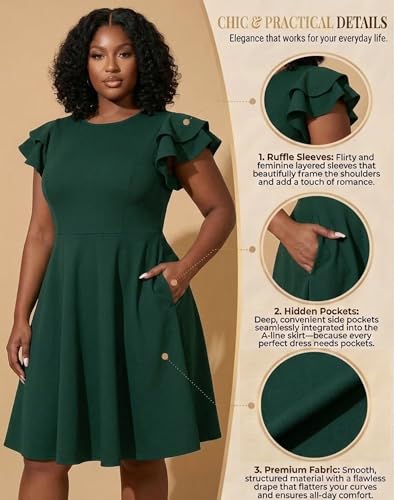 Image of IyMoo Women's Plus Size Cape Flutter Sleeve Stretchy A Line Swing Flared Skater Cocktail Party Dress with Pockets