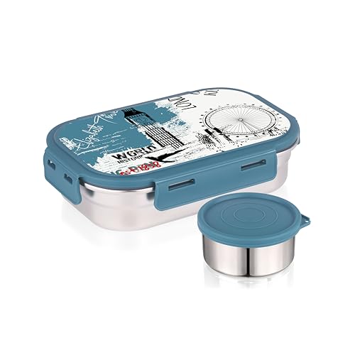 Image of ATTRO Easy Bite Stainless Steel Lunch Box with Inner Steel Body, Airtight 4-Side Lock Lid, Leakproof Silicone Seal, Small Container for Office School Kids Tiffin Box - 650ml+150ml-London Journey Blue