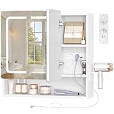 TEENFON Armario Espejo Baño con Iluminación LED, Brillo Ajustable, 3 Colores, Espejo Plegable, Múltiple Toma de Corriente, Estantes Ajustables, Soporte para Secador de Pelo,70 * 15 * 65cm