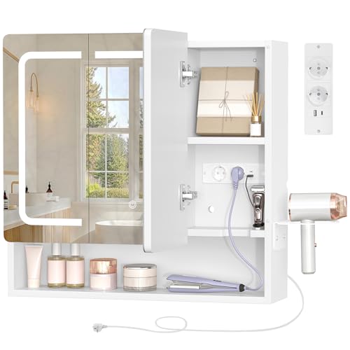 Teenfon Armario Espejo Baño Con Iluminación Led, Brillo Ajustable, 3 Colores, Espejo Plegable, Múltiple Toma De Corriente, Estantes Ajustables, Soporte Para Secador De Pelo,70 15 65cm