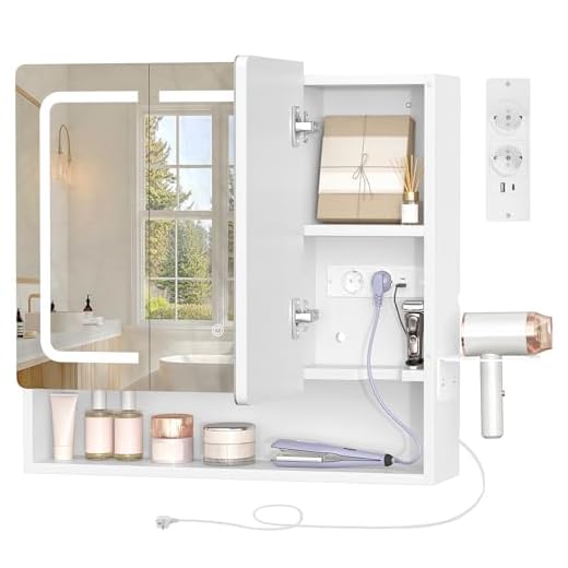 TEENFON Spiegelschrank Bad mit Beleuchtung LED, Badezimmer Spiegelschrank mit Klappspiegel und Steckdose, 3-Fach Farbtemperatur dimmbar, Haartrockner-Halter, verstellbare Ablagen, 70x15x65cm