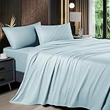 Shilucheng 4-Piece Queen Size Sheets Set，Rayon Derived from Bamboo_，Cooling & Breathable Bed Sheets, Silky Bedding Sheets & Pillowcases, 16 Inch Deep Pockets (Queen,Spa Blue)