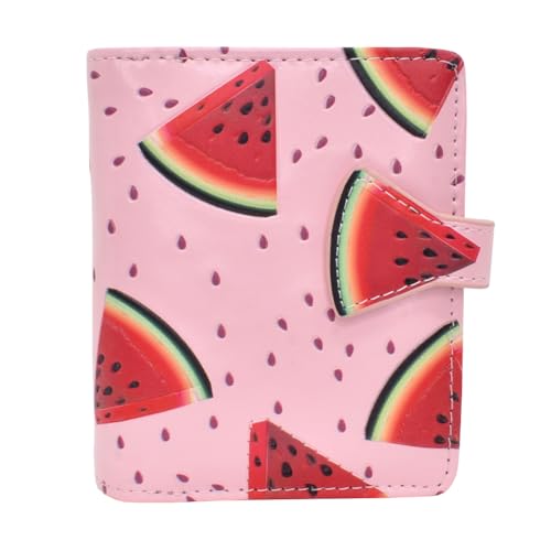 Shag Wear Women's PU Vegan Leather Colorful Slim Trendy Small Bifold Wallet with 4 Credit Card Slots, 1 Zippered Coin Pocket, and Clear ID Window (Watermelon, Pink)