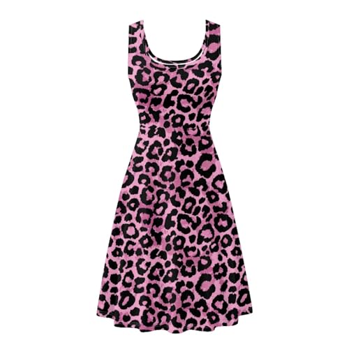 KiuLoam Retro Pink and Black Leopard Print Women Sleeveless Midi Dresses Casual Crew Neck Wedding Guest Dress Party Elegant Beach Sundresses Size L
