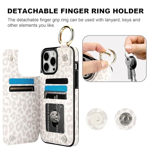 Image of HAOPINSH for iPhone 13 Pro Max Wallet Case with Card Holder, White Leopard Cheetah Print Back Flip Folio PU Leather Kickstand Card Slots Case, Finger Grip Ring Double Magnetic Clasp Shockproof 6.7 inch