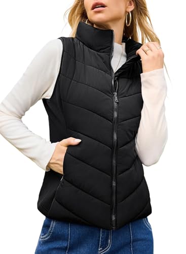 Dokotoo Women's Outerwear Vests Stand Collar Casual Zip Up Vest Sleeveless Outerwear Jacket Winter Coats for Women Black Quilted Vest with Pockets Medium