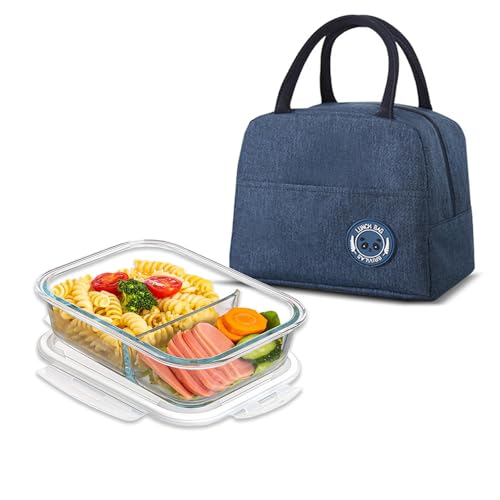 SNZ Boîte Alimentaire en Verre Borosilicate 1040ml avec 2 Compartiments, Sac de Transport Inclus, Lavable Lave-Vaisselle, Étanche, Micro-ondes & Four,...