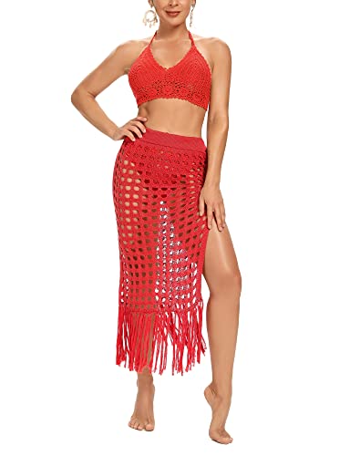 Women Sexy Hollow Out Mesh Tassle Skirts Beach Cover Up Summer Fish Net Swimsuit Wrap Sheer Maxi Sarong Swimwear (Color : Red C, Size : Medium)2