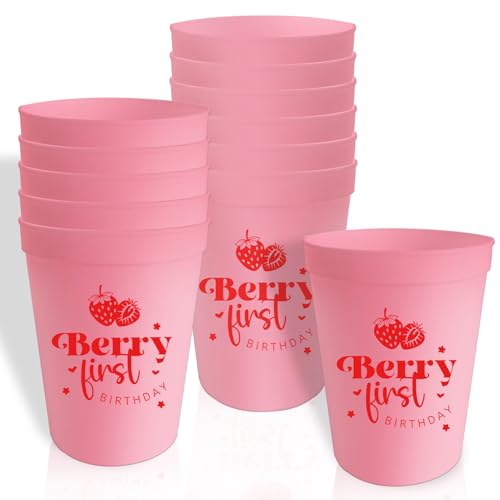 Usumz Berry Sweet 1st Baby Plastic Cups 16oz Pink Strawberry Birthday Reusable Cups Strawberry Baby Shower Birthday Drinkware Berry Theme First Birthday Party Supplies 12Pcs