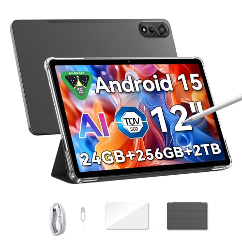 Blackview Mega2 Tablet 12 Pollici Android 15, 24GB RAM+256GB ROM(TF 2TB), 2K FHD IPS Display Gaming Tablet, Dual 4G LTE+5G WiFi,Octa Core T615, 9000 mAh,WideVine L1, Face ID, GPS Con Custodia & Penne