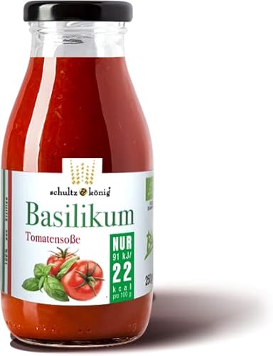 Basilikum BIO Tomatensoße | kalorienarm (22kcal pro 100g) | 100% Kirschtomatensauce | Glutenfrei und Vegan | Ohne Konservierungsstoffe | Schultz und König 250g Cover